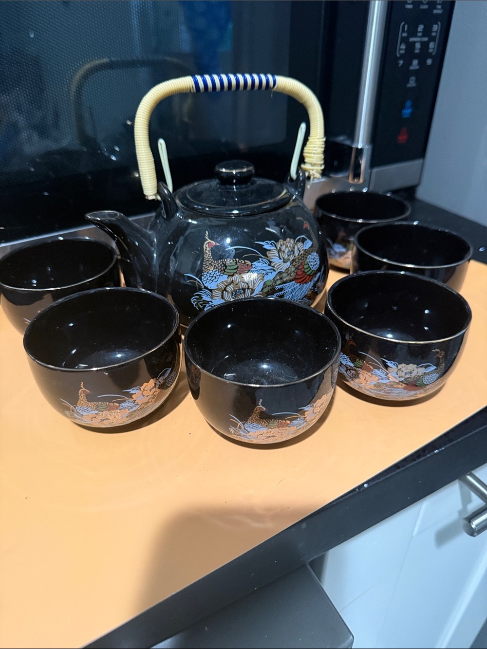 Black Floral Porcelain Tea Set with Handle -7 Piece-Teapot 5” Cups 3”